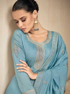 Blue Art Silk Embroidered Eid Party Salwar Suit - Semi Stitched 2