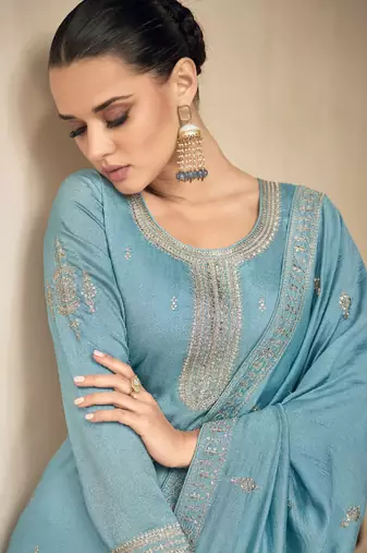Blue Art Silk Embroidered Eid Party Salwar Suit - Semi Stitched