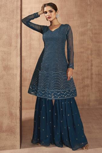 Teal Blue Embroidered Georgette Stitched Anarkali Suit (Size Upto 40)