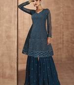 Teal Blue Embroidered Georgette Stitched Anarkali Suit (Size Upto 40)