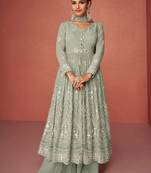 Dusty Green Georgette Silver Sequin Work Anarkali Suit(Size Up to 42")