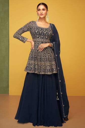 Blue Embroidered Georgette Stitched Anarkali Suit (Size Upto 42)