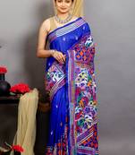 Blue Pure Silk Kantha Stitch Saree With Blouse Piece