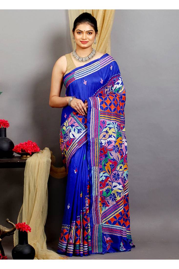 Blue Pure Silk Kantha Stitch Saree With Blouse Piece