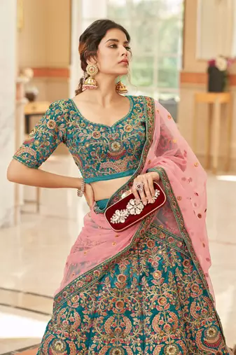 Teal Blue Velvet Thread Zari Dori & Sequins Embroidery Work Wedding Festival Party Wear Designer Lehenga Choli