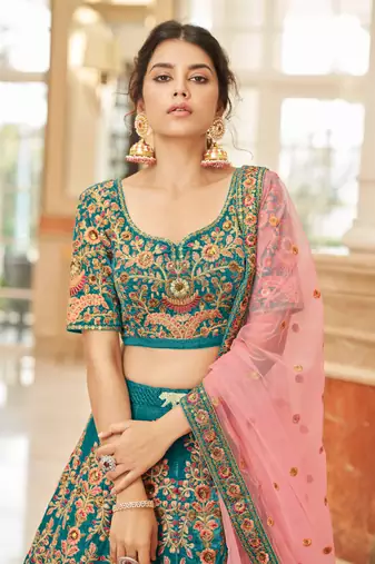 Teal Blue Velvet Thread Zari Dori & Sequins Embroidery Work Wedding Festival Party Wear Designer Lehenga Choli