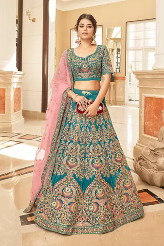 Teal Blue Velvet Thread Zari Dori & Sequins Embroidery Work Wedding Festival Party Wear Designer Lehenga Choli