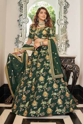 Green Art Silk Thread Zari Dori & Sequins Embroidery Work Wedding Festival Party Wear Designer Lehenga Choli 1