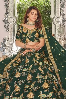 Green Art Silk Thread Zari Dori & Sequins Embroidery Work Wedding Festival Party Wear Designer Lehenga Choli 4