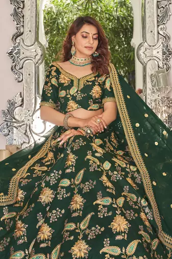 Green Art Silk Thread Zari Dori & Sequins Embroidery Work Wedding Festival Party Wear Designer Lehenga Choli