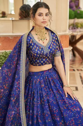 Blue Organza Thread Zari Dori & Sequins Embroidery Work Wedding Festival Party Wear Designer Lehenga Choli