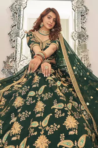 Green Art Silk Thread Zari Dori & Sequins Embroidery Work Wedding Festival Party Wear Designer Lehenga Choli