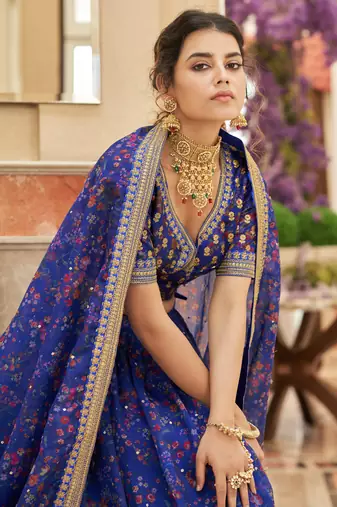 Blue Organza Thread Zari Dori & Sequins Embroidery Work Wedding Festival Party Wear Designer Lehenga Choli