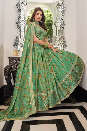 Pista Green Organza Thread Zari Dori & Sequins Embroidery Work Wedding Festival Party Wear Designer Lehenga Choli