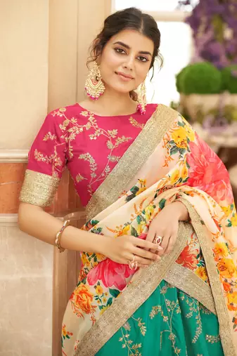 Green Pink Art Silk Thread Zari Dori & Sequins Embroidery Work Wedding Festival Party Wear Designer Lehenga Choli