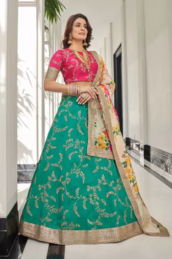 Green Pink Art Silk Thread Zari Dori & Sequins Embroidery Work Wedding Festival Party Wear Designer Lehenga Choli