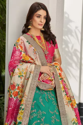 Green Pink Art Silk Thread Zari Dori & Sequins Embroidery Work Wedding Festival Party Wear Designer Lehenga Choli