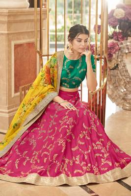 Pink Green Art Silk Thread Zari Dori & Sequins Embroidery Work Wedding Festival Party Wear Designer Lehenga Choli 1