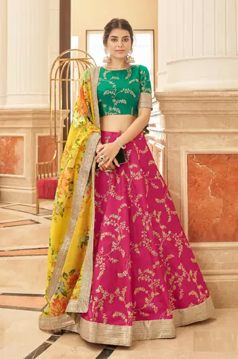 Pink Green Art Silk Thread Zari Dori & Sequins Embroidery Work Wedding Festival Party Wear Designer Lehenga Choli