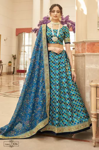 Blue Art Silk Thread Zari Dori & Sequins Embroidery Work Wedding Festival Party Wear Designer Lehenga Choli