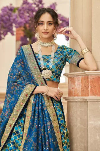Blue Art Silk Thread Zari Dori & Sequins Embroidery Work Wedding Festival Party Wear Designer Lehenga Choli