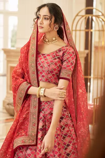 Red Art Silk Thread Zari Dori & Sequins Embroidery Work Wedding Festival Party Wear Designer Lehenga Choli
