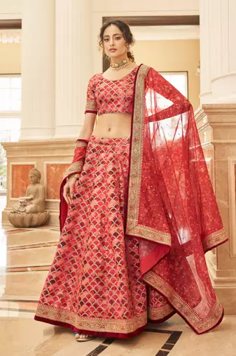 Red Art Silk Thread Zari Dori & Sequins Embroidery Work Wedding Festival Party Wear Designer Lehenga Choli