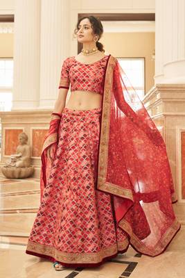 Red Art Silk Thread Zari Dori & Sequins Embroidery Work Wedding Festival Party Wear Designer Lehenga Choli 1