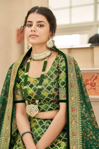 Green Art Silk Thread Zari Dori & Sequins Embroidery Work Wedding Festival Party Wear Designer Lehenga Choli
