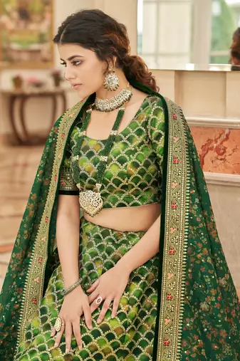 Green Art Silk Thread Zari Dori & Sequins Embroidery Work Wedding Festival Party Wear Designer Lehenga Choli