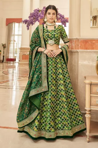 Green Art Silk Thread Zari Dori & Sequins Embroidery Work Wedding Festival Party Wear Designer Lehenga Choli