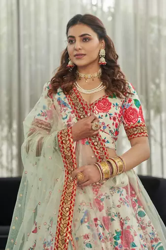 White Red Art Silk Digital Print Dori & Sequins Embroidery Stone Work Wedding Festival Party Wear Designer Lehenga Choli