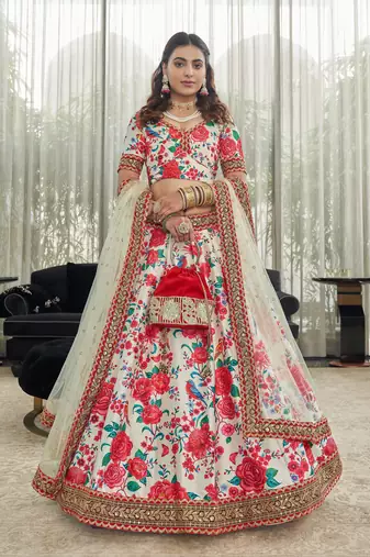 White Red Art Silk Digital Print Dori & Sequins Embroidery Stone Work Wedding Festival Party Wear Designer Lehenga Choli