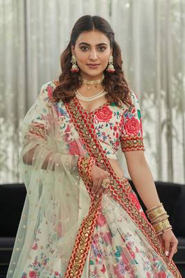 White Red Art Silk Digital Print Dori & Sequins Embroidery Stone Work Wedding Festival Party Wear Designer Lehenga Choli 5