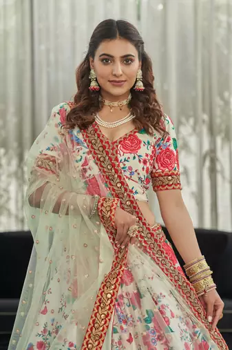 White Red Art Silk Digital Print Dori & Sequins Embroidery Stone Work Wedding Festival Party Wear Designer Lehenga Choli