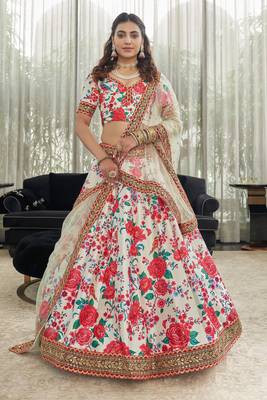 White Red Art Silk Digital Print Dori & Sequins Embroidery Stone Work Wedding Festival Party Wear Designer Lehenga Choli 1