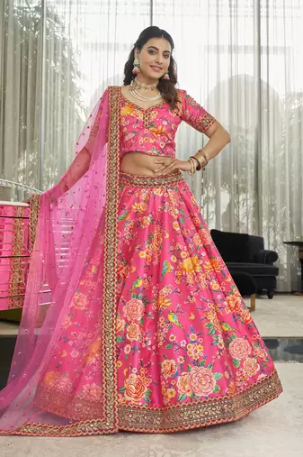 Rani Pink Art Silk Digital Print Dori & Sequins Embroidery Stone Work Wedding Festival Party Wear Designer Lehenga Choli