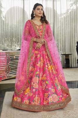 Rani Pink Art Silk Digital Print Dori & Sequins Embroidery Stone Work Wedding Festival Party Wear Designer Lehenga Choli 1