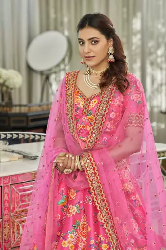 Rani Pink Art Silk Digital Print Dori & Sequins Embroidery Stone Work Wedding Festival Party Wear Designer Lehenga Choli