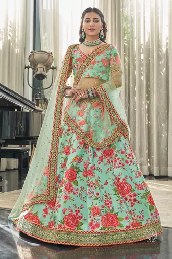 Mint Red Art Silk Digital Print Dori & Sequins Embroidery Stone Work Wedding Festival Party Wear Designer Lehenga Choli