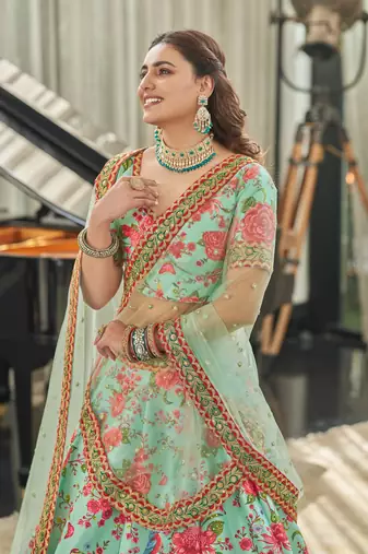 Mint Red Art Silk Digital Print Dori & Sequins Embroidery Stone Work Wedding Festival Party Wear Designer Lehenga Choli