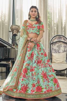 Mint Red Art Silk Digital Print Dori & Sequins Embroidery Stone Work Wedding Festival Party Wear Designer Lehenga Choli 1