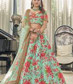 Mint Red Art Silk Digital Print Dori & Sequins Embroidery Stone Work Wedding Festival Party Wear Designer Lehenga Choli