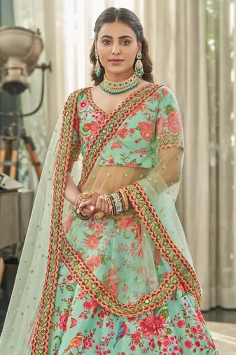 Mint Red Art Silk Digital Print Dori & Sequins Embroidery Stone Work Wedding Festival Party Wear Designer Lehenga Choli