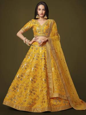 Yellow Slub Silk Dori Sequins & Zari Embroidery Work Wedding Festival Party Wear Designer Lehenga Choli 1