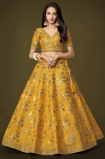 Yellow Slub Silk Dori Sequins & Zari Embroidery Work Wedding Festival Party Wear Designer Lehenga Choli