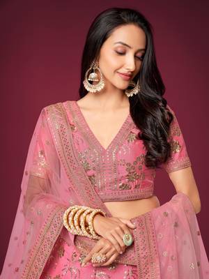 Pink Slub Silk Dori Sequins & Zari Embroidery Work Wedding Festival Party Wear Designer Lehenga Choli 2