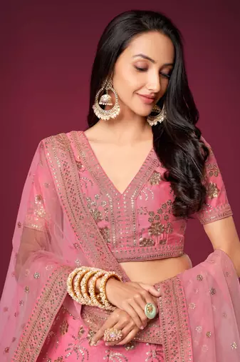 Pink Slub Silk Dori Sequins & Zari Embroidery Work Wedding Festival Party Wear Designer Lehenga Choli