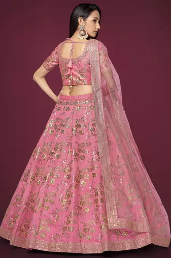 Pink Slub Silk Dori Sequins & Zari Embroidery Work Wedding Festival Party Wear Designer Lehenga Choli