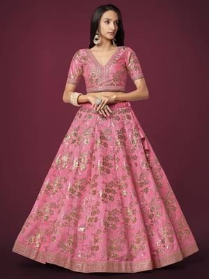 Pink Slub Silk Dori Sequins & Zari Embroidery Work Wedding Festival Party Wear Designer Lehenga Choli 4